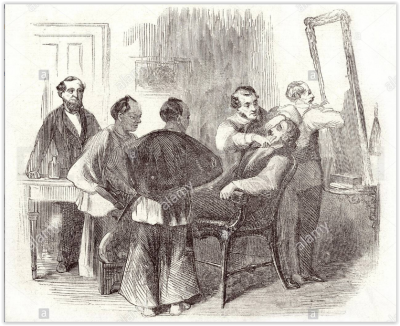 Bradobrei.62.The Japanese seeing a man shaved in the barber's shop.PNG