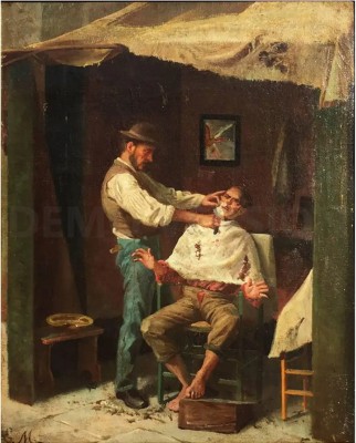 Bradobrei.60.barber shaving a frighten man.artist unknown.jpg