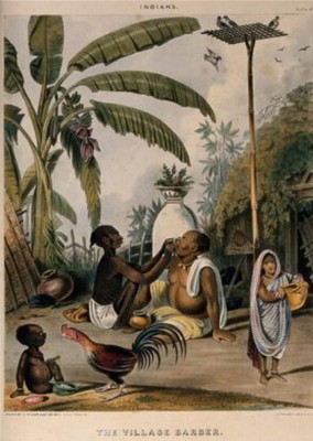 Bradobrei.102.barber shaving a man in a village in Bengal.William Tayler.jpg