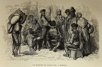 Bradobrei.133.Paul Gustave Louis Christophe Doré.Un barbier en plein air, a Madrid.jpg