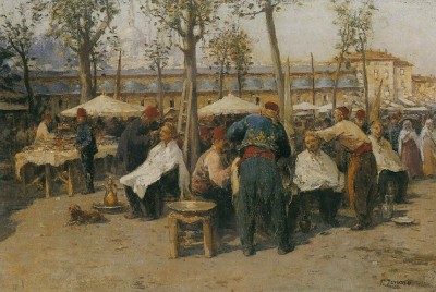 Bradobrei.153.Barbers' outdoor salon.Fausto Zonaro.jpg